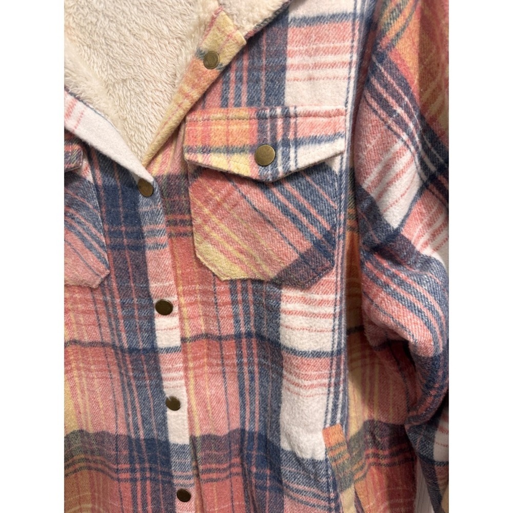 Womens Plaid Sherpa Lined Hooded Shacket Jacket Pink Blue Yellow Cream L - Picture 5 of 9